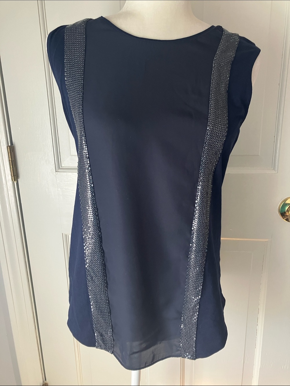 J. Crew Navy Sleeveless Sequin Stripe Metallic Embellished Top
